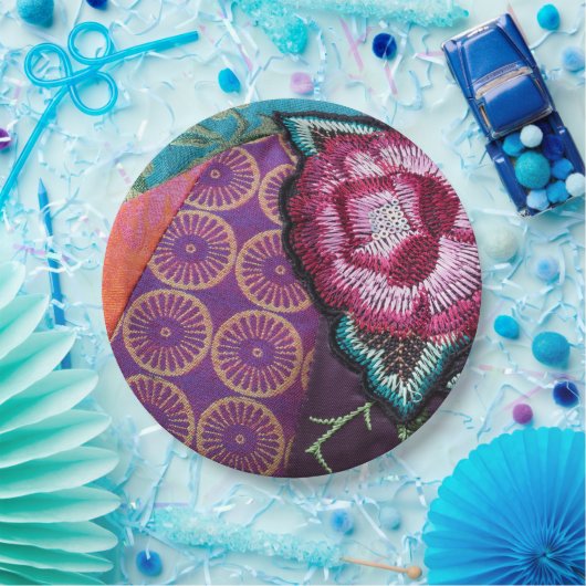 Rozen bloem geborduurde look boho paarse papieren bordje (Feest)