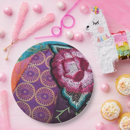 Rozen bloem geborduurde look boho paarse papieren bordje (Feest)