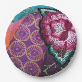 Rozen bloem geborduurde look boho paarse papieren bordje (Voorkant)