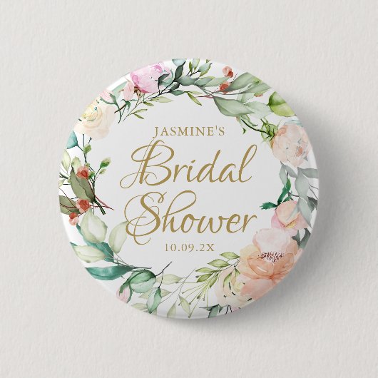 Rozen Bloem Goud Schrift Bruiloft Bruidsfeestje Ronde Button 5,7 Cm (Voorkant)