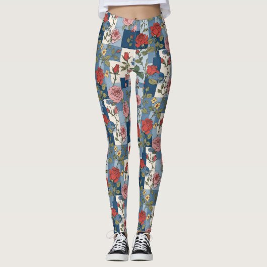 Rozen Bloemblauw Jean Denim Patchwork Retro Leggings (Voorkant)