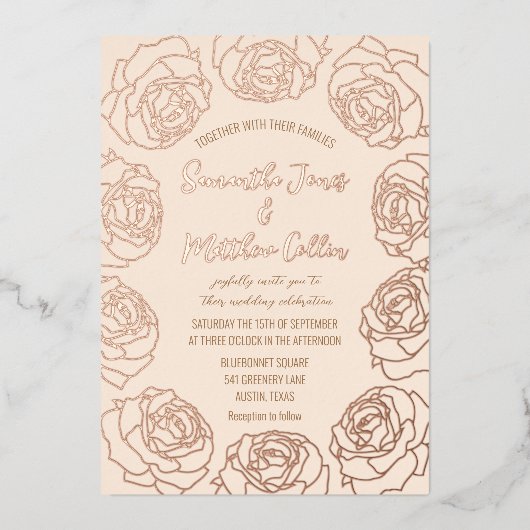 Rozen Bloemen Boho Blush Roze Gouden Folie Wedding Folie Uitnodiging (Voorkant)