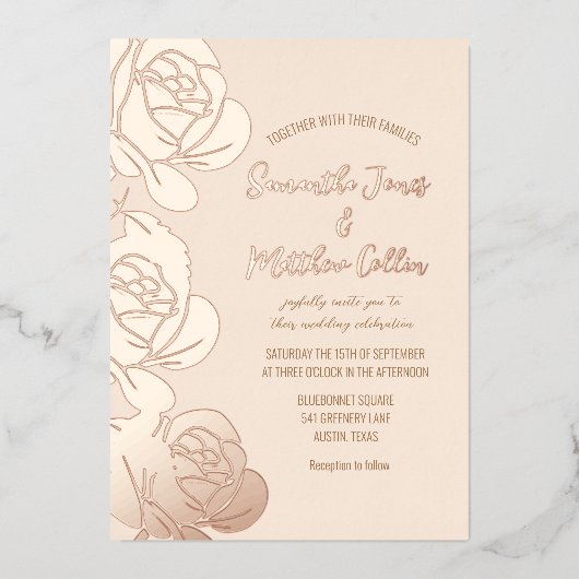 Rozen Bloemen Boho Blush Roze Gouden Folie Wedding Folie Uitnodiging (Voorkant)