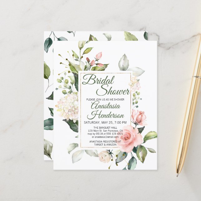 Rozen bloemen. Bridal Shower Invitation. (Voorkant / Achterkant in situ)