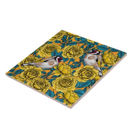 Rozen bloemen en goudvinken tegeltje (Zijkant)