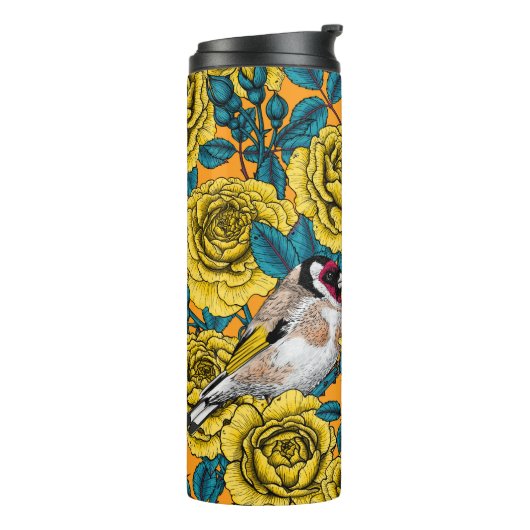 Rozen bloemen en goudvinken thermosbeker (Gedraaid links)