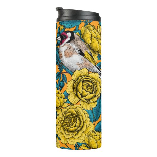 Rozen bloemen en goudvinken thermosbeker (Geroteerd rechts)