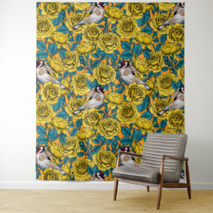 Rozen bloemen en goudvinken wandkleed