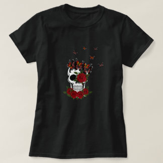  rozen bloemen en vlinderschedel t-shirt