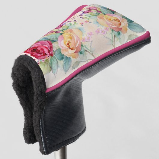 Rozen bloemen op Ecru Golfheadcover (3/4 voorkant)
