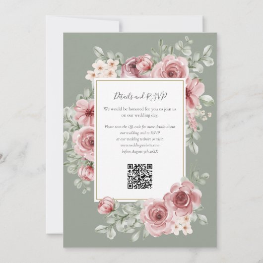 Rozen Bloemen QR Code Salie Groen Huwelijk Kaart (Achterkant)