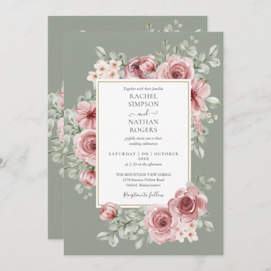 Rozen Bloemen QR Code Salie Groen Huwelijk Kaart (Voorkant / Achterkant)