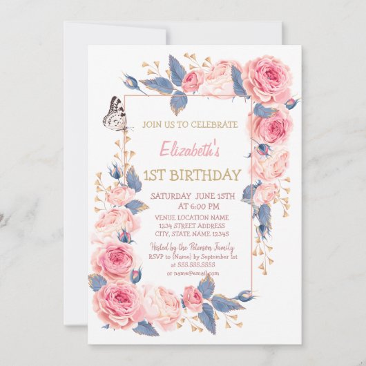 Rozen bloemen vlinder gestreept kaart (Voorkant)