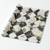 Rozen Bloemen Zwart Wit Diamantpatroon Cadeaupapier (Uitgerold)
