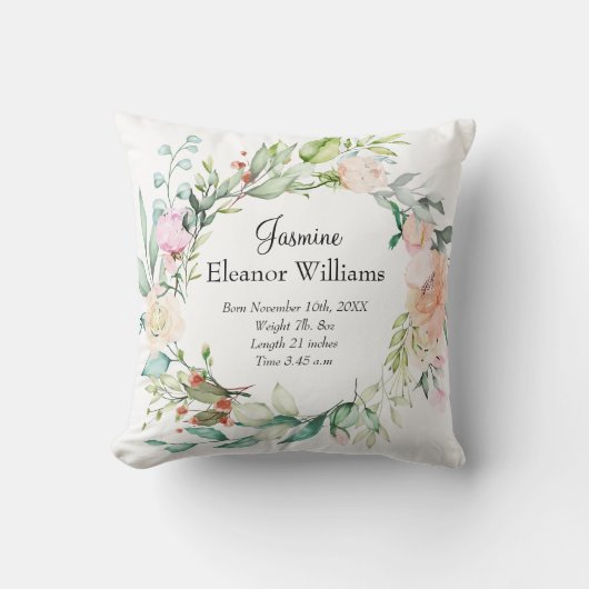 Rozen Bloemenguirlande Baby Geboorte Stats  Kussen (Voorkant)