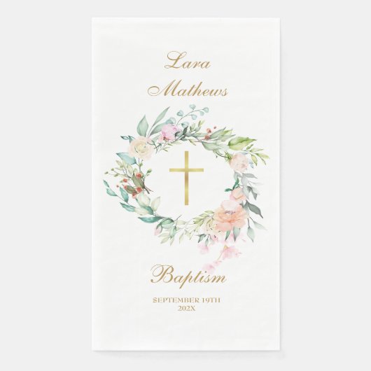 Rozen Bloemenguirlande Goud Doopfeest Servet (Voorkant)