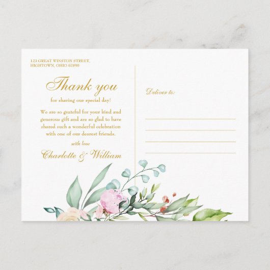 Rozen Bloemenslingers Gouden Script Bedankt Briefkaart (Achterkant)