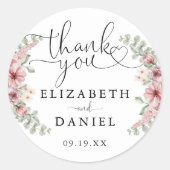 Rozen Bloemhart Script Bedankt Trouwgunst Ronde Sticker (Voorkant)