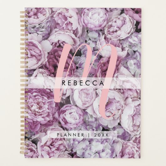 Rozen Bloemig Meisjesachtig Roze Schrift Monogram  Planner (Voorkant)