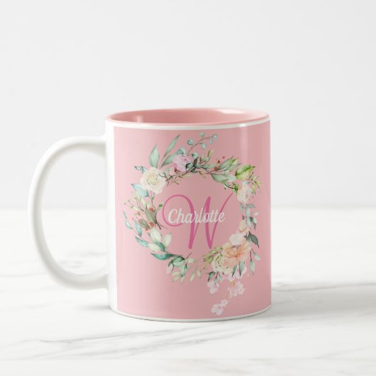 Rozen Bloemige Elegante Script Monogram Roze Tweekleurige Koffiemok (Links)