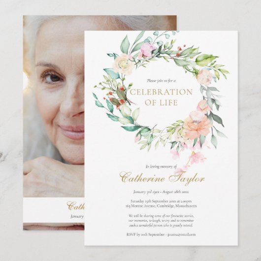 Rozen Bloemige Foto Viering van het Leven Funeral Kaart (Voorkant / Achterkant)