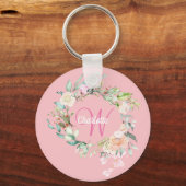 Rozen Bloemige Initiële Script Monogram Roze Sleutelhanger (Voorkant)