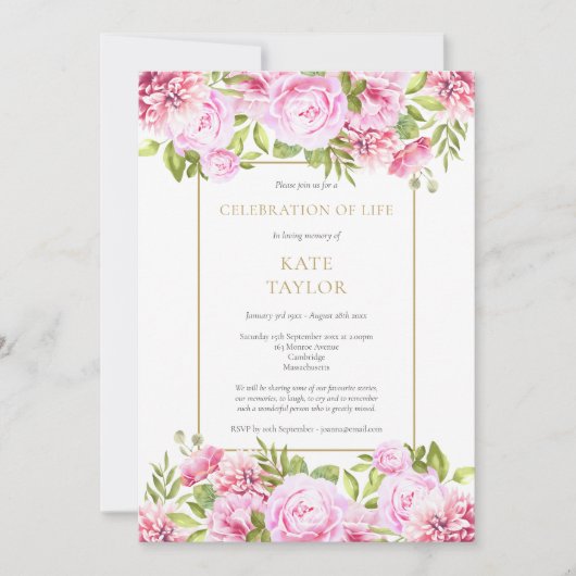 Rozen Bloemige Viering van het Leven Funeral Kaart (Voorkant)