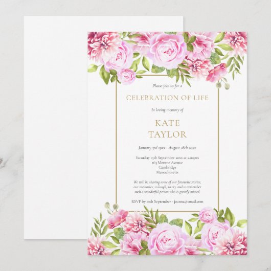 Rozen Bloemige Viering van het Leven Funeral Kaart (Voorkant / Achterkant)