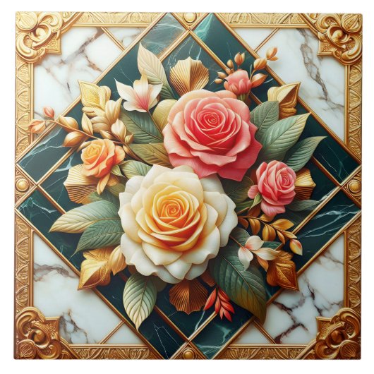 Rozen bloemontwerp met gouden accenten tegeltje (Voorkant)