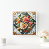 Rozen bloemontwerp met gouden accenten vierkante klok (Huis)