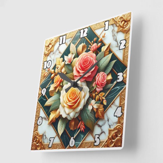 Rozen bloemontwerp met gouden accenten vierkante klok (Hoek)