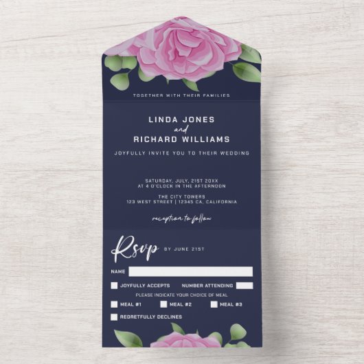 Rozen Blue All in One Wedding Invitation All In One Uitnodiging (Binnen)
