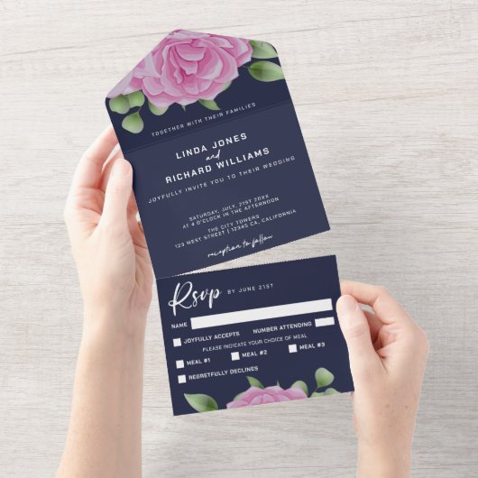 Rozen Blue All in One Wedding Invitation Uitnodiging (Afscheurbaar)