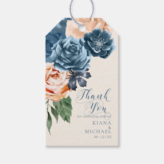 Rozen Blue/Peach Wedding Bedankt, ID584 Cadeaulabel (Voorkant)