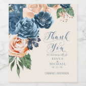 Rozen Blue/Peach Wedding Bedankt, ID584 Wijn Etiket (Enkel label)