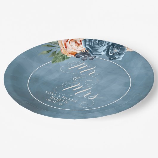 Rozen Blue/Peach Wedding Mr en Mrs ID584 Papieren Bordje (Gekanteld)