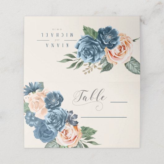 Rozen Blue/Peach Wedding Table ID584 Plaatskaartje (Buitenkant ongevouwen)