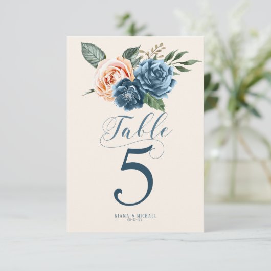 Rozen Blue/Peach Wedding Table Numbers ID584 Kaart (Staand voorkant)
