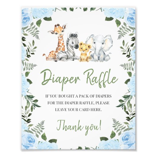 Rozen Blue Safari Baby shower Luier Raffle Sign Foto Afdruk (Voorkant)