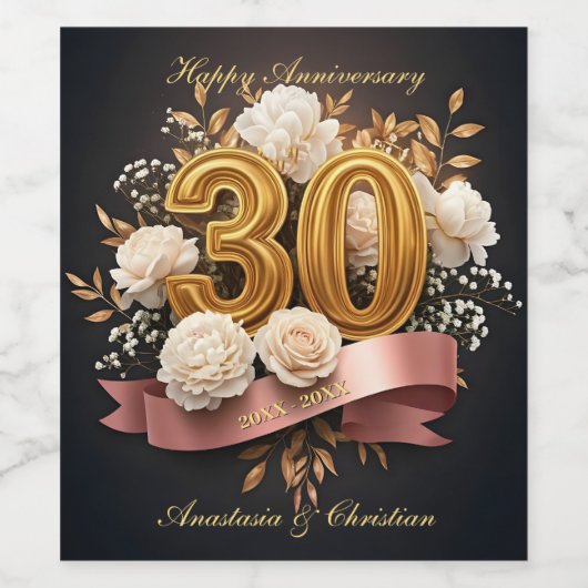 Rozen Boeket Goud 30ste bruiloft Jubileum Wijn Etiket (Enkel label)