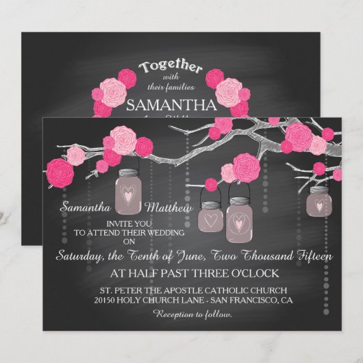 Rozen Branches Chalkboard Wedding Invitation Card Kaart (Voorkant / Achterkant)