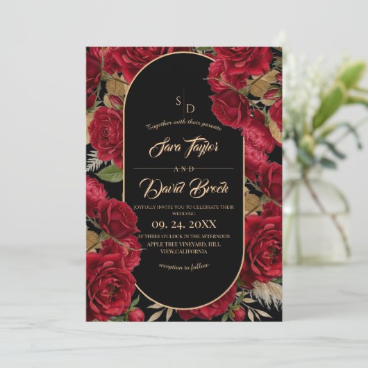 Rozen Burgundy Bloemige Moderne Boho Bruiloft Kaart (Staand voorkant)