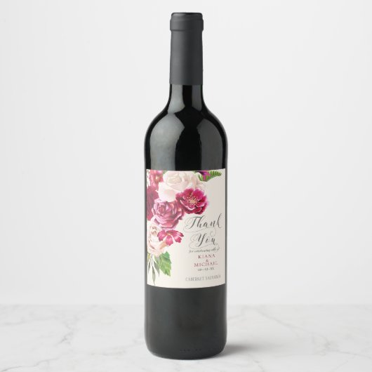 Rozen Burgundy/Cream Wedding Dank je ID584 Wijn Etiket (Voorkant)