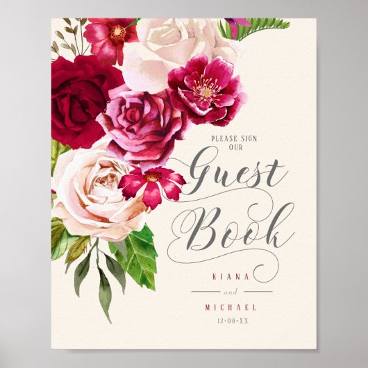 Rozen Burgundy/Cream Wedding Guest Book ID584 Poster (Voorkant)
