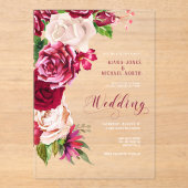 Rozen Burgundy/Cream Wedding ID584 Acryl Uitnodigingen (Voorkant)