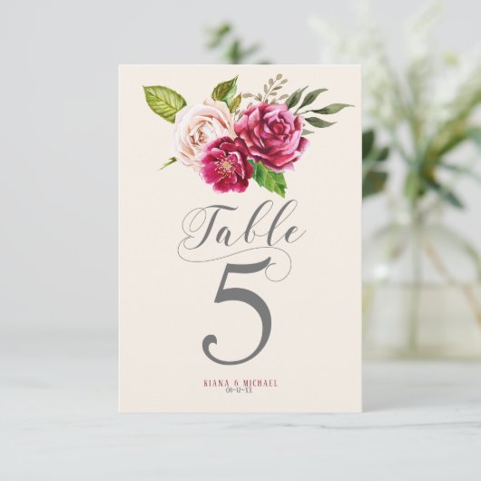 Rozen Burgundy/Cream Wedding Table Numbers ID584 Kaart (Staand voorkant)