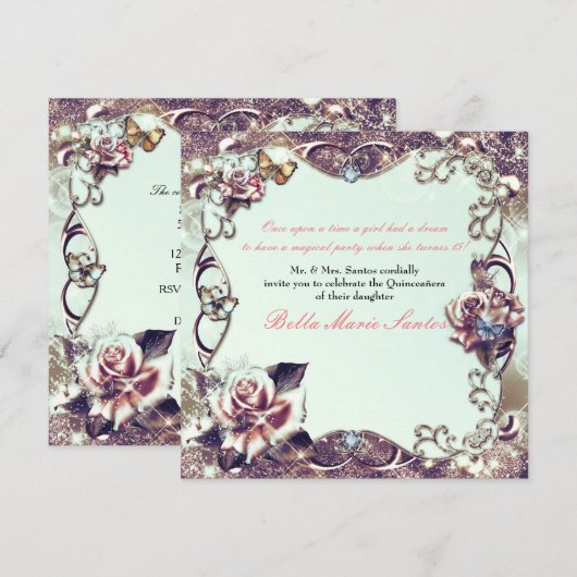 Rozen & Butterflies Bronze Quinceañera Party Kaart (Voorkant / Achterkant)