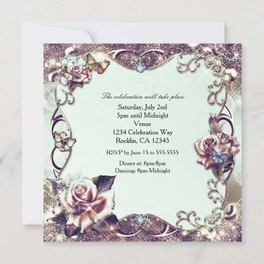 Rozen & Butterflies Bronze Quinceañera Party Kaart (Achterkant)
