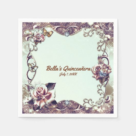 Rozen & Butterflies Bronze Quinceañera Party Servetten (Voorkant)