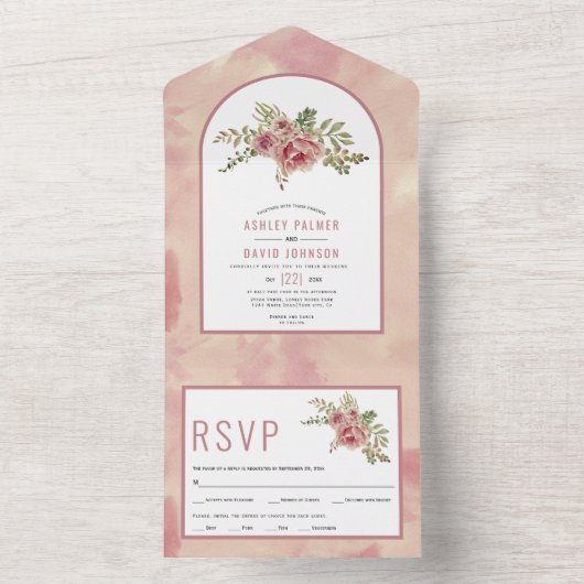 Rozen cactus, blaadbloemen, blaadje all in one uitnodiging (Binnen)